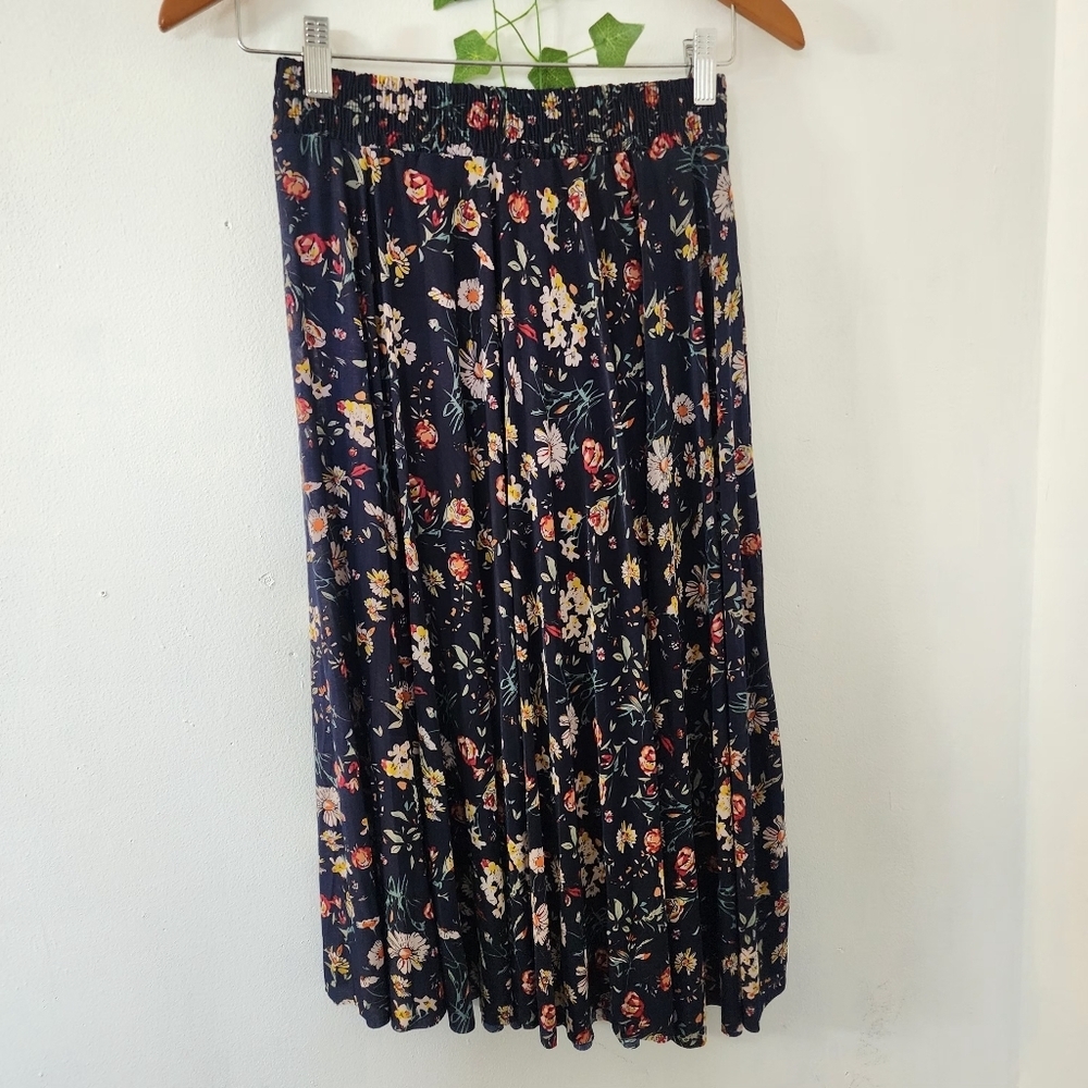 Navy Blue Floral Print Flowy Skirt